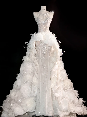 White Flower Exquisite Mermaid Rhinestone Tulle Strapless Prom Dress Evening Dress Party Dress HZ1023